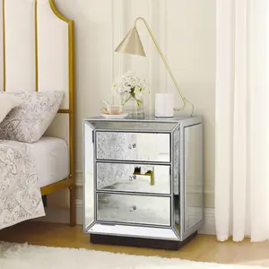 21.6*16*26 Inch Silver Pearl Mirror 3-Drawer Storage Cabinet, MDF & Thick Glass Accent Cabinet with Crystal Handles Steel Ball Slides, Bead Decor Multi-Functional Nightstand Side Table Easy Assembly