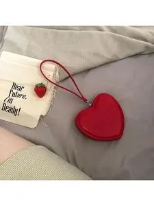 Red Heart Shape Cute Handbag, Wristlet Coin Purse, Casual Style, Fixed Shoulder Strap, Zipper Closure, Unlined, No Print Clutch Bag
