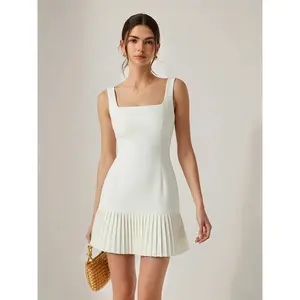 Square Neck Pleated Hem Mini Dress