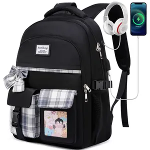 Cute Plaid Bow Backpack for Girls with USB Charging Port, Water-Resistant School Bag for Teen Girls, 15.6 Inch Laptop Backpack with Anti-Theft Pocket