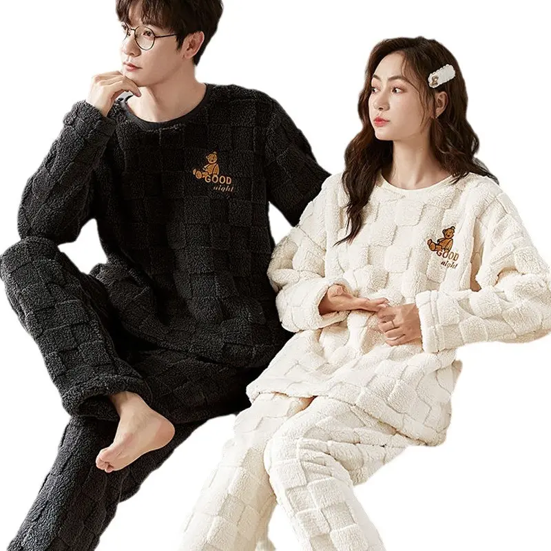 Men's & Women's 2-Piece Long-Sleeve Matching Couple Pajamas & Loungewear Set - Men's Elastic-Fit Thick Winter Flannel Home Wear, Women's Korean-Style Round Neck Coral Fleece Warm Fashionable Home Clothes, Breathable, Comfortable, Casual, Evening, Full Siz