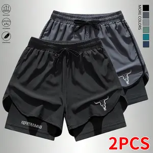 Set of 2 men’s athletic shorts: quick-dry shorts with built-in lining, double-layer design, lightweight, breathable, stretchy shorts suitable for the gym, jogging, and training; summer clothing, men’s shorts.