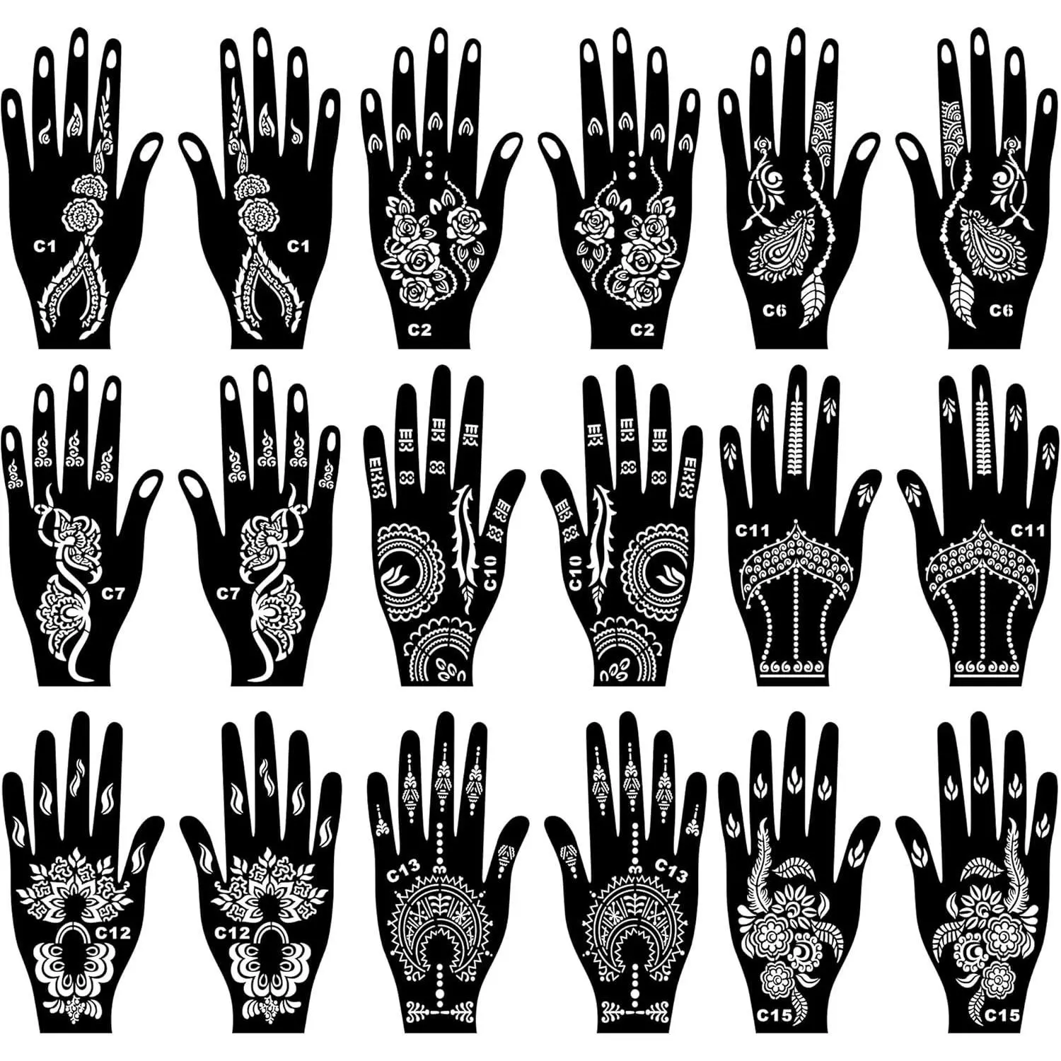 18 Sheets Henna Tattoo Stencils for Women and Girls - Reusable Mehndi Stencils for Hands and Body Art, Indian Arabic Temporary Tattoo Templates for Glitter, Airbrush, Paint - Mandala & Flower Designs,147147