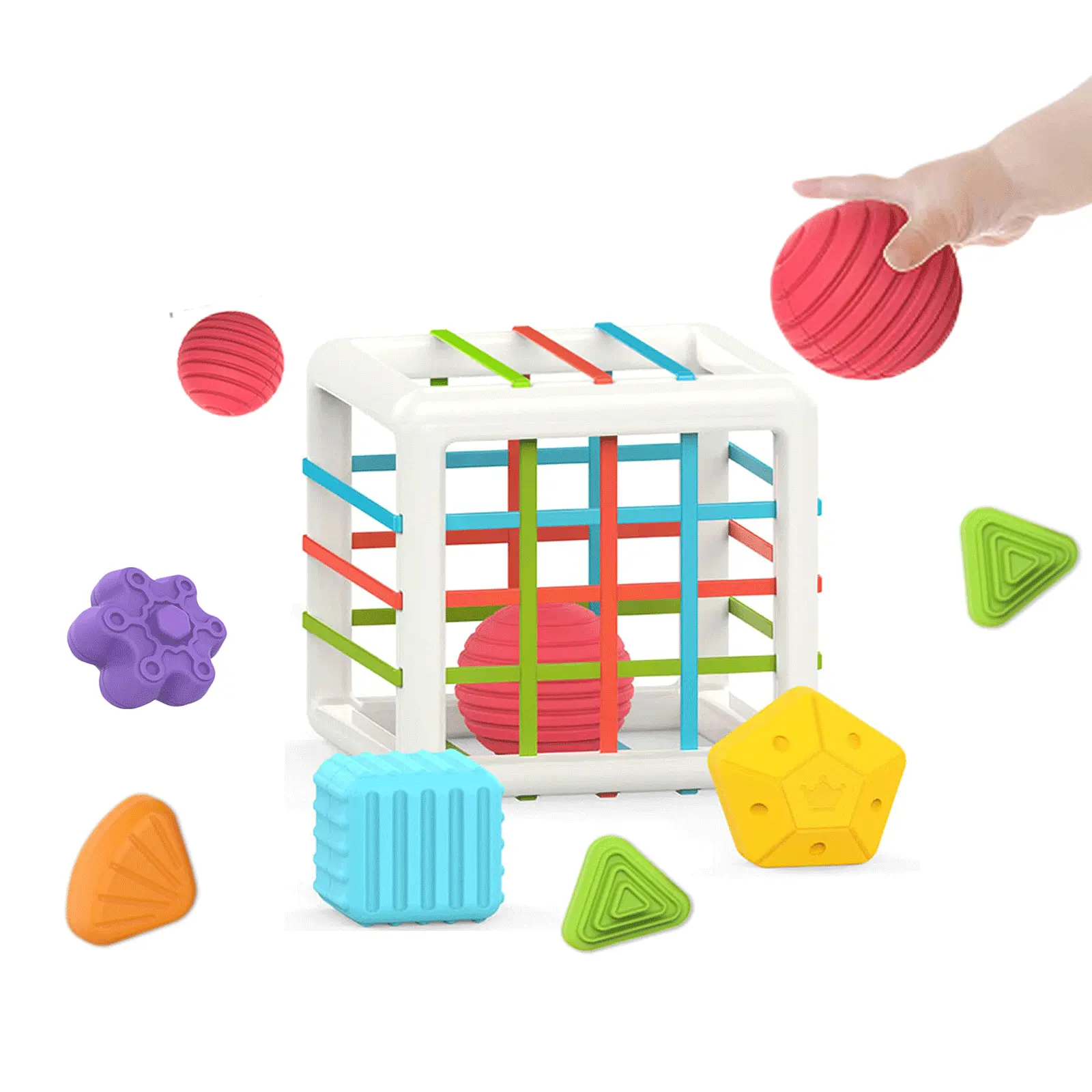 Small Plastic Montessori Busy Cube & 6 Sensory Shape Blocks, Activity Cube Sensory Play Set, Developmental 12-18 Months Baby Toys, 1-3 Year Old Toddler Learning Birthday Gifts