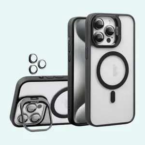 Magnetic Case for iPhone 12 13 14 15 16 Pro Max Plus MagSafe Compatible with Camera Lens Protector Built-in Stand Scratch Resistant Back