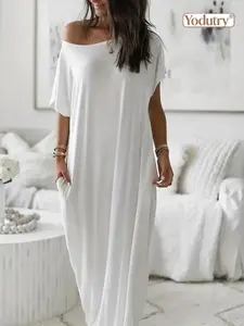Yodutry | Women's Solid Color Batwing Sleeve Lounge Dress, Casual Comfy Short Sleeve Nightdress for Daily Wear, Ladies Loungewear Sleepwear for All Seasons