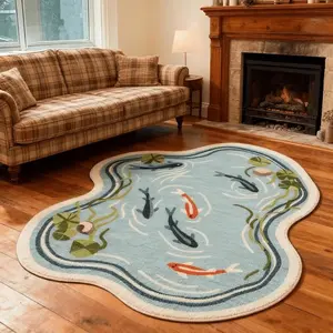 Pastoral style lotus pond koi element bedroom bedside special-shaped carpet watercolor style pond fish aqua blue living room decoration carpet fresh and artistic lotus pond koi lounge thickened carpet