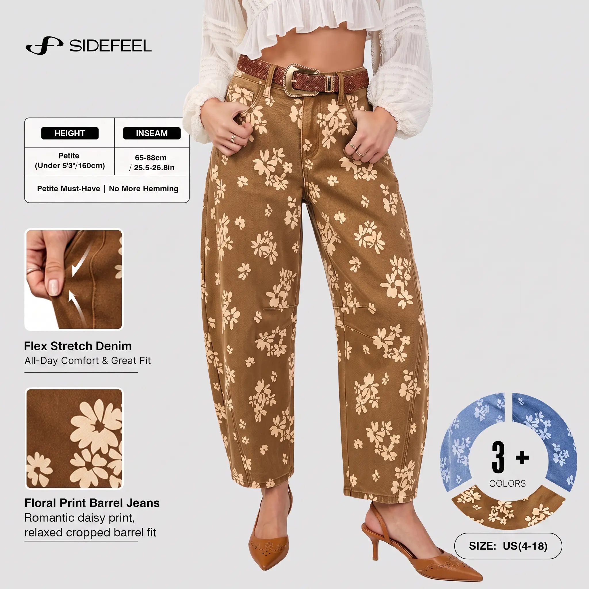 Sidefeel Women's Wide Leg Jeans Floral Print Design High Waisted Baggy Denim Pants | 5 Pockets, Soft Stretchy Fabric, Seam Detail, All Season Casual Wear, Relaxed Barrel Fit