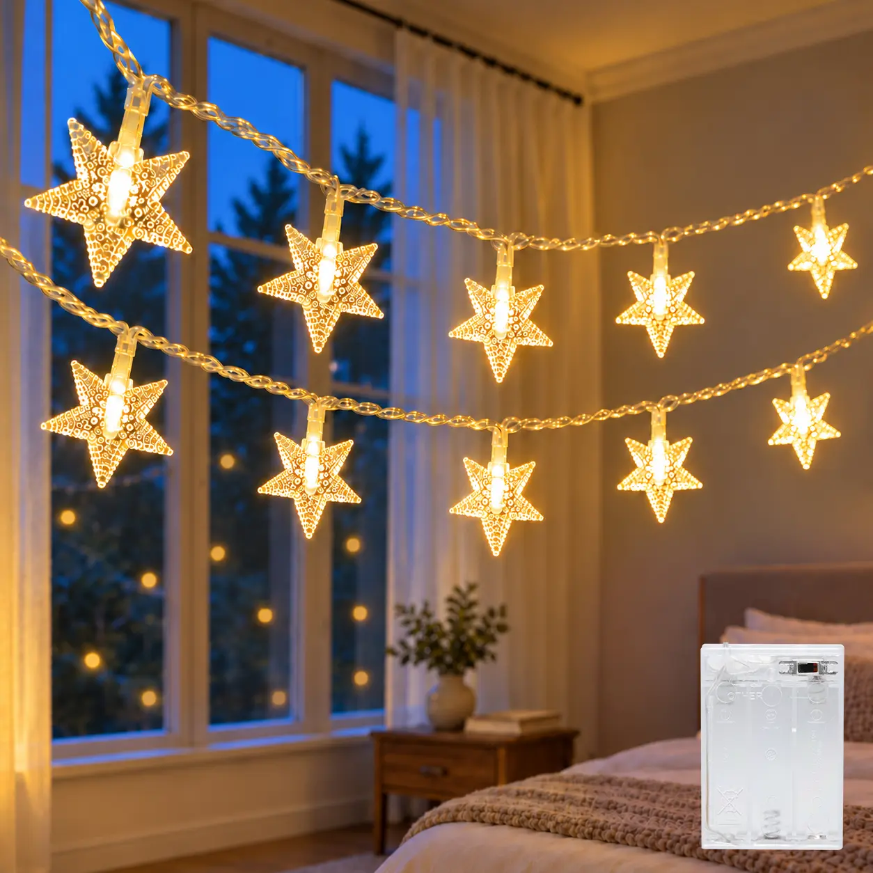 ANJAYLIA 20 LED Star String Lights, 10ft Battery Operated Warm White Fairy Lights, Waterproof Twinkle Lights for Bedroom Tent Dorm Patio Window Party Wedding Christmas Decor, No Outlet Needed, Flexible Copper Wire, Easy to Hang Indoor Outdoor Lights