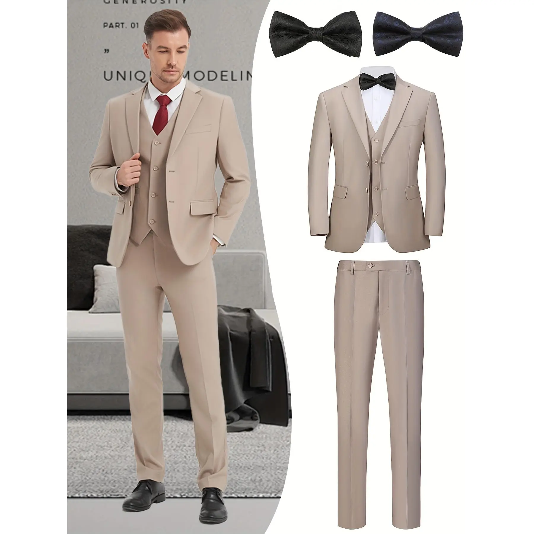 Men's Regular Fit 5-Piece Solid Preppy Suit Set - Rayon Polyester Blend Long Sleeve Top, Lapel Jacket, Vest, Pants, 2 Bow Ties for Weddings, Business, Work, Buttons, Viscose, Basics, Business Wear, Woven, Shirt, Fabric, 5‑Pc Outfit Set