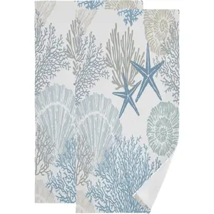 Nautical Blue Grey Hand Towels for Bathroom Set of 2,Absorbent Microfiber Beach Theme Starfish Seashell Coral Kitchen Towels 14"x28",Decorative  Coastal Bathroom Towels for Bath,