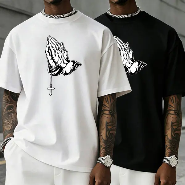 Men’s loose street-style T-shirt featuring a Christian prayer-themed rose cross motif; 100% cotton. TikTok 2026 trend-loose oversized urban streetwear casual short sleeve. A steal under $10; Y2K ghost fusion.