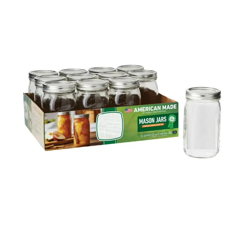 American Made 32 oz Mason Jars Wide Mouth 12pk Quart Canning Jars with Lids and Rings Large Ball Jars for Fermented Vegetables Pickles and Whole Fruit Preserves