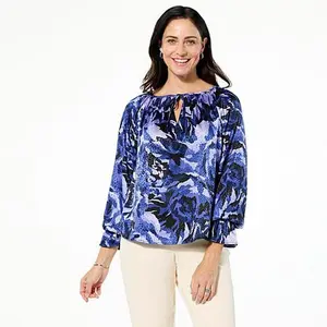 Iman Global Chic Woven Split-Neck Balloon Sleeve Top