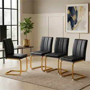 Modern Dining Chairs Set of 4, PU Faux Leather Kitchen Chairs with Thickened Cushion, Waterproof & Easy Clean, Accent Side Chair with Gold Metal Legs for Dining Room,Kitchen,300lbs Capacity, Black+Gold