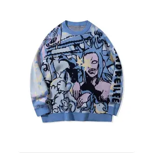 Men’s cartoon print crew-neck sweater knit top; loose casual long-sleeve crew-neck jumper for spring and fall; fashionable men’s autumn crew-neck sweatshirt knit tops for daily wear; soft men’s top; vintage long-sleeve clothing; menswear; graphic sweater