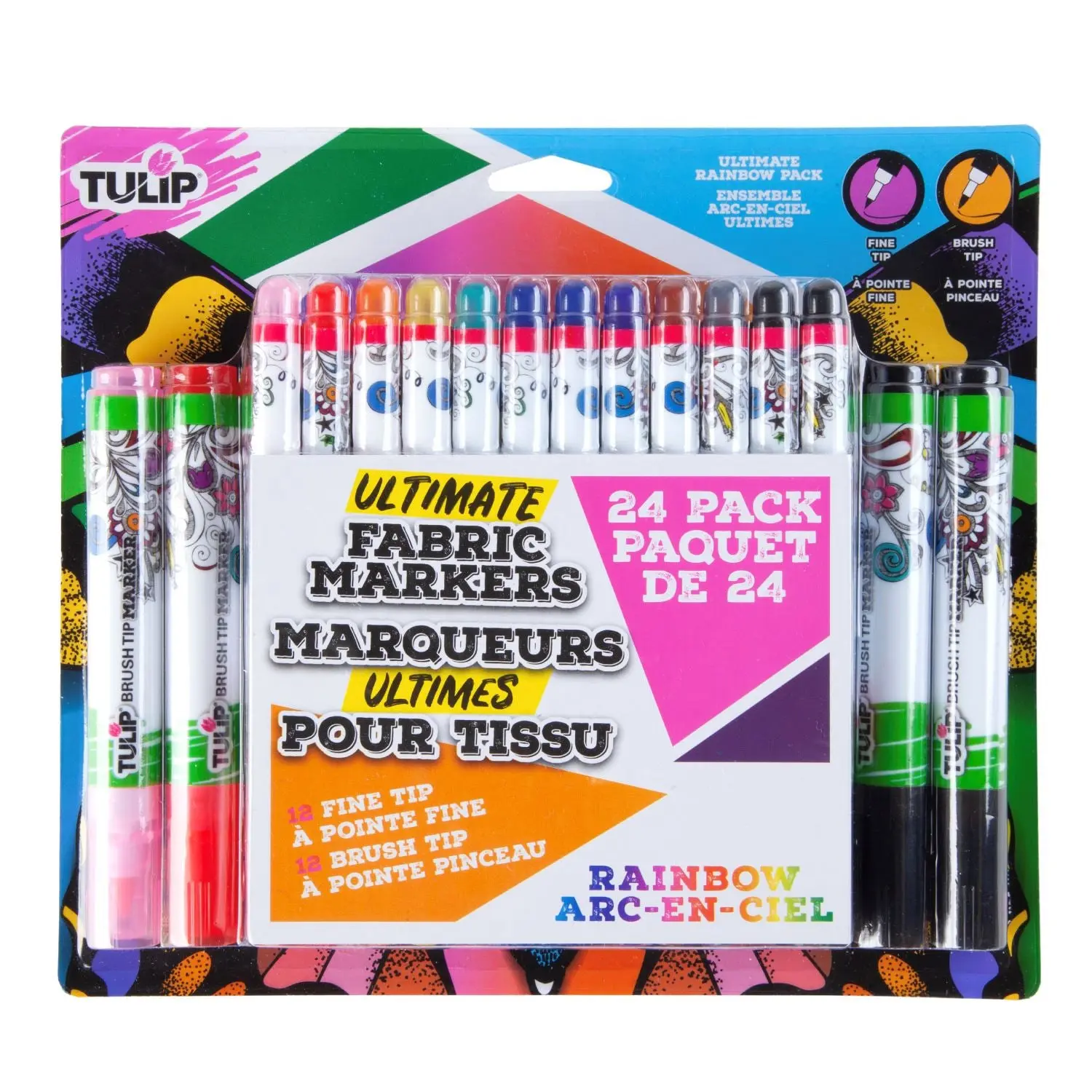 Tulip Fine Tip & Brush Tip Fabric Markers, 24-Pack Ultimate Rainbow Set, Art Materials for Office Stationery (Coloring, Assorted Colored & Highlighters), Coloring Markers, Assorted Colored Markers & Highlighters