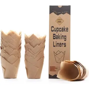 200pcs Natural Tulip Cupcake Liners for Baking Cups Unbleached European Parchment paper Tulip Muffin Liners, Cupcake Wrapper for Party, Christmas Dessert Cups Disposable Tableware