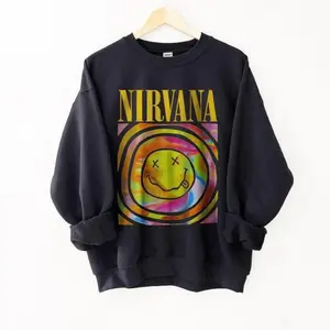 Nirvana Smiley Face Sweatshirt Nirvana Preppy 90’s Utero Nirvana Tour Album Unisex Hot Pink Vintage Rock Band Oversized Merch Shirt Sweater Blue Smiley Graphic Tee Face Crewneck Sweatshirt Hoodie Classic T-shirt Clothing Casual Comfort