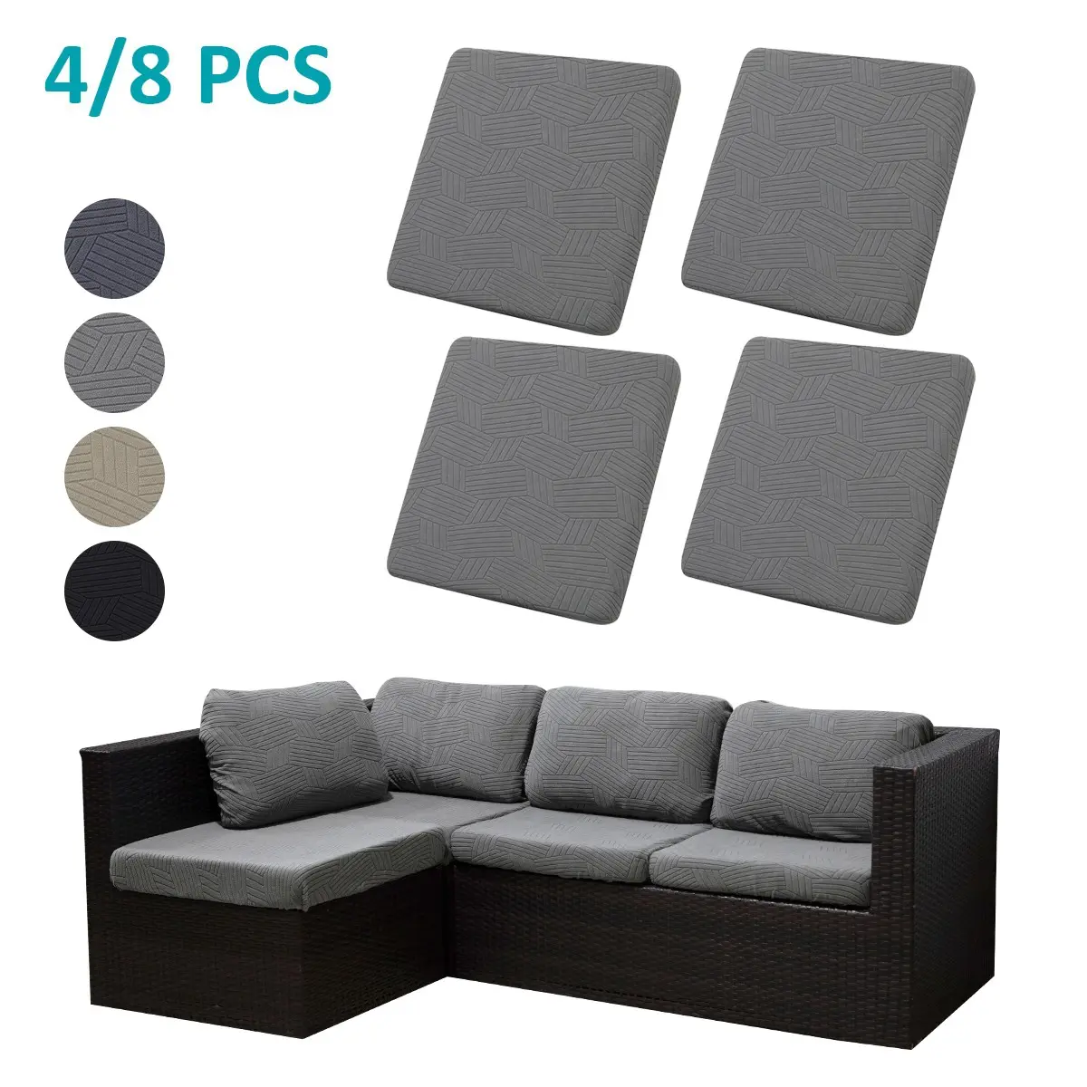 4 Piece Set Elastic Sofa Cushion Covers, Geometric Jacquard Fabric, Indoor Outdoor Patio Garden Decor, Stretchy Couch Seat Protectors, Washable Sofa Protector, Sofa Protector Slipcover, Removable Washable Slipcovers, Soft Couch Protector