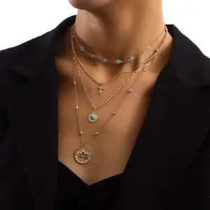 Fashionable multi-layer small hole chain hollow flower inlaid diamond cross pendant necklace for women