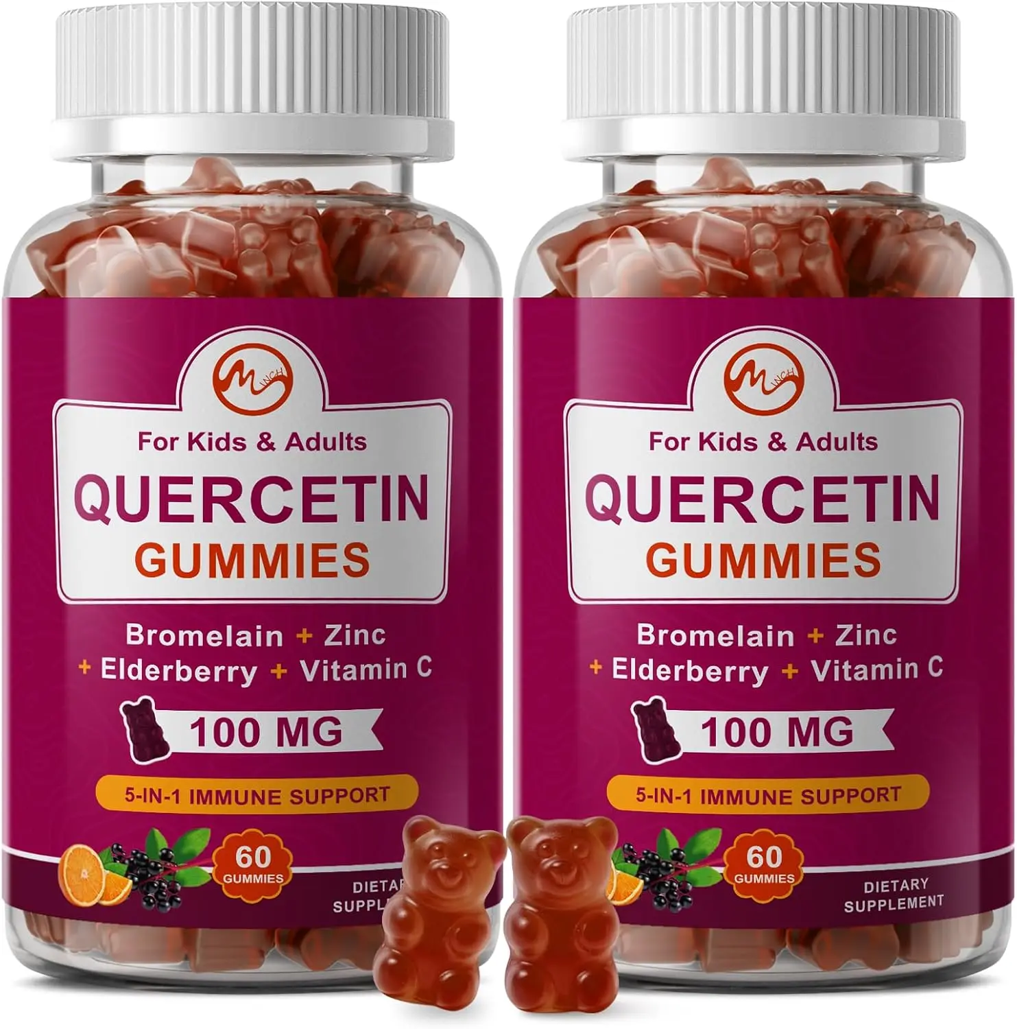 Quercetin Gummies with Bromelain, Elderberry,  Chewable Quercetin 100mg Supplement for Immune, Respiratory & Antioxidant Support, 5-in-1 Quercetin Supplement with Bromelain, Elderberry, Zinc and Vitamin C, Chewable for Adult & Kid, Orange Flavor