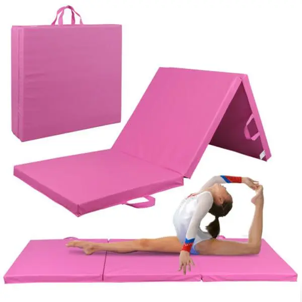 AnswerE Thick Foam PU Leather Tri-Fold Portable Gymnastics Training Mat with Folding Handle, Pink Foam Mat for Home Gym Equipment Floor Use, Training Mats