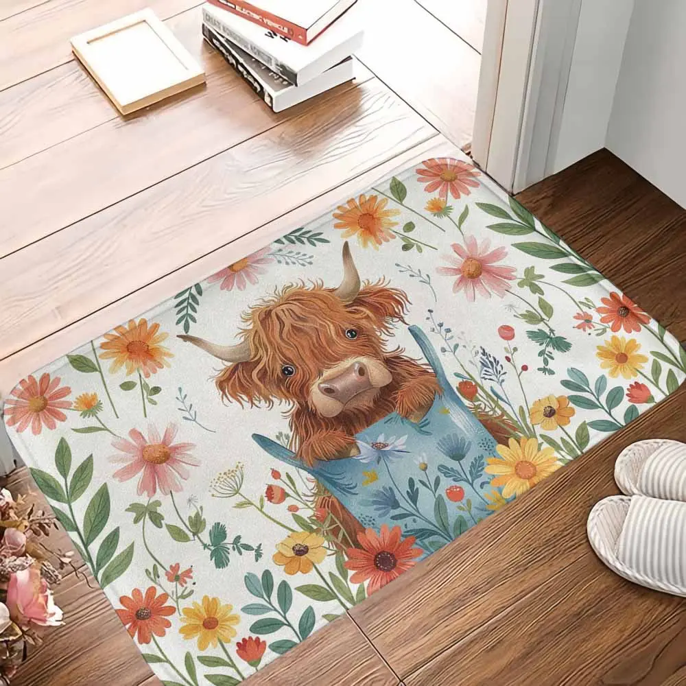 Highland Cow Floral Doormat - Cute Cartoon & Daisy Print, Non-Slip, Soft, Absorbent Rug, Cow Motif & Farm Animal Bath Mats for Entryway, Farmhouse, Housewarming Gift, Spring Home Decor, Cow Motif Bath Mats