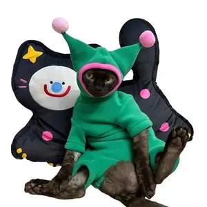 Sphinx & Devon Rex Cat Onesie - Star Pattern with Pink Pom-Poms, Snug Fit Playwear for Hairless & Curly-Haired Felines, Small Size, Comfortable Four-Legged Design