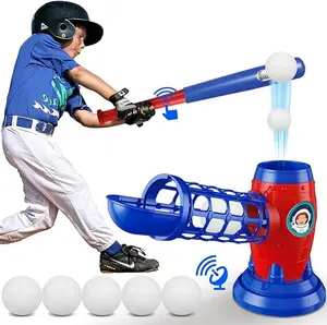 Kids Electronic Baseball Pitching Machine - Automatic Youth Pitching Machine with 5 Plastic Baseballs Included Tee Popper-Youth Baseball Trainer