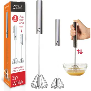 Stainless Steel Egg Beater - Easy to Use Semi-automatic Push-Down Zip Whisker - Rotary Hand Mixer for Beating Eggs, Frothing Milk, Blending, Mixing - Hand Whisk - 2 Pack (12 &14 Inch)