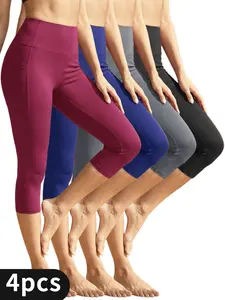 4PCS 7/8 Length Pocket Leggings - High Waisted Tummy Control, No See-Through Capri Pants for Women, Yoga, Running, Gym & Everyday Wear,Bottoms