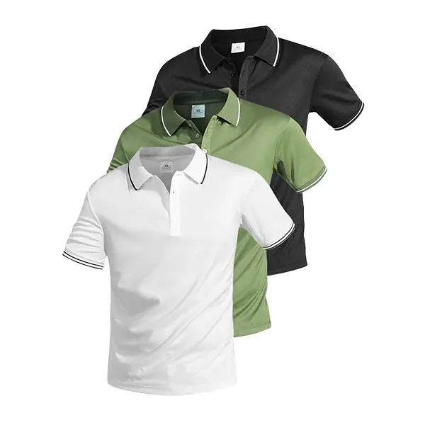 Three-piece set: casual men’s short-sleeve polo shirt, quick-dry golf and tennis shirt, comfortable riding apparel, stylish men’s sportswear—Contrast design at the neckline and cuffs for a lightweight a Athletic Style Activewear, Contrast Binding Polo, Qu