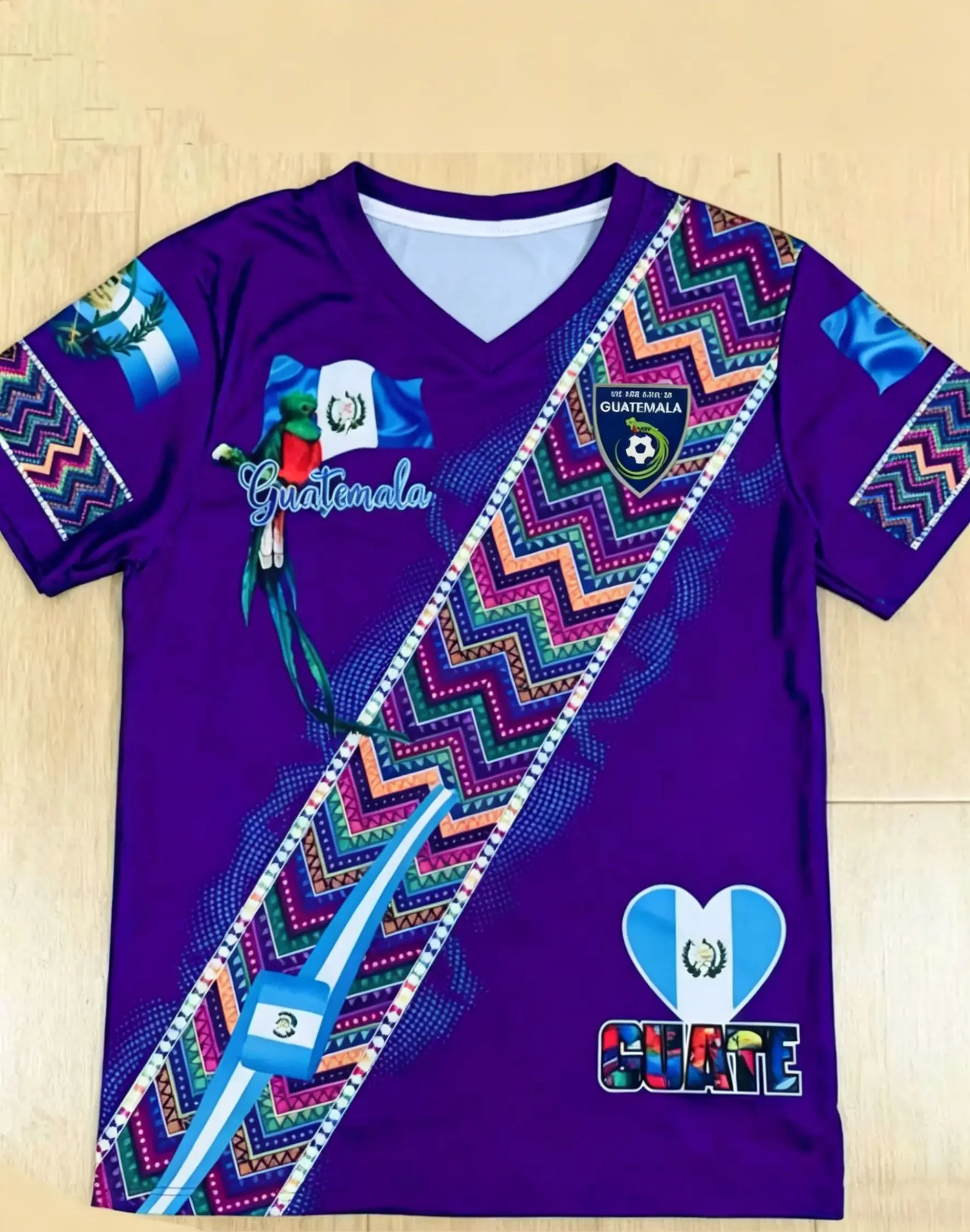 Guatemala Traditional Blue Jersey, Colorful Zigzag Pattern, Flag Elements, Parrot Design, Parrot Motif, Text Identifier, Unisex Sportswear, Sports Top, All Seasons