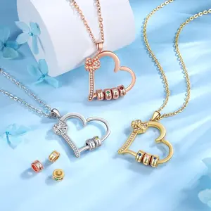 AS181 Customized Engraving Name Beaded Love Pendant Stainless Steel Inlaid Birthstone Bead Love Necklace Gift Family Men and Women