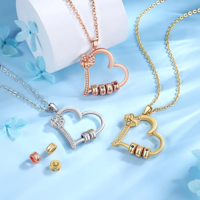 AS181 Customized Engraving Name Beaded Love Pendant Stainless Steel Inlaid Birthstone Bead Love Necklace Gift Family Men and Women