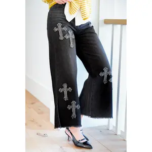 Plus/Reg Black Denim High Waist Jeans with Cross Patches