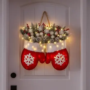 Christmas Glove Wreath with 20 LED Lights, Christmas Wreath Front Door with Artificial Pine Branches, Red Berries, and Frosted Pine Cones, Suitable Indoor/Outdoor Decoration, Used Christmas Tree, Decoration