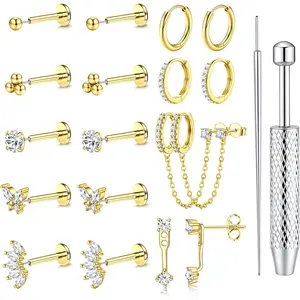 Trendy16G/18G/20G Flat Back Earrings for Women Threadless Surgical Steel Stud Hoop Earrings Push in Nose Studs Hypoallergenic CZ Cartilage Earring Set Labret Helix Tragus Conch Piercing Jewelry  Blackfriday Christmas