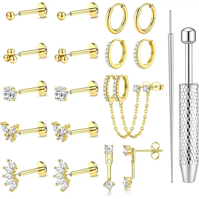 Women's Hypoallergenic Surgical Steel Flat Back Piercing Jewelry Set - 16G/18G/20G Threadless Push-In Studs, Cubic Zirconia Hoops, Waterproof Plating for Helix Tragus Conch Labret, Flat Back Earrings, Heart/Geometric Designs