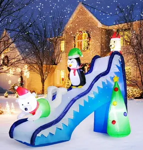 Christmas Inflatables Outdoor Decorations, Magical Funny Slide Scene Inflatable with Reindeer Penguin Polar Bear Built-in LED Light for Party Blow-Up Yard Lawn Garden Christmas Decor, 9 FT