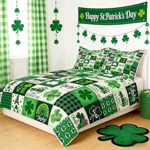 Happy St. Patrick's Day Kids Duvet Cover Set,Cartoon Gnomes Leaves Irish Bedding Set,Girls Boys Room Decor,Geometric Plaids Grids Comforter Cover,Green Retro Quilt Cover