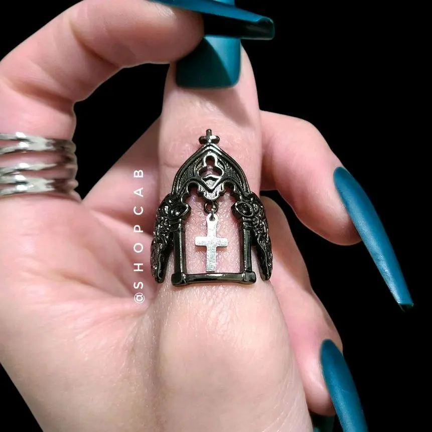 Gothic Black & Silver Cross Charm Cathedral Ring - SS