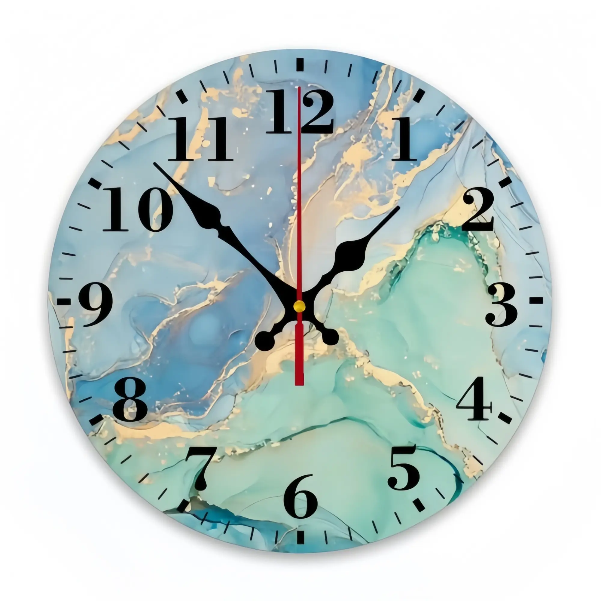 Hot Wall Clock, Teal Blue Gold Marble Silent Non Ticking Battery Operated Round Decorative Indoor Outdoor Clocks for Living Room Kitchen Bedroom Bathroom Patio 10/12"