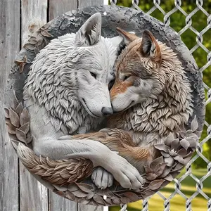 Wolf Couple Design Round Wall Art, Weather Resistant Wolf Statue, Garden Decoration Supplies for Home Garden Fence, Garden Sculptures Statues