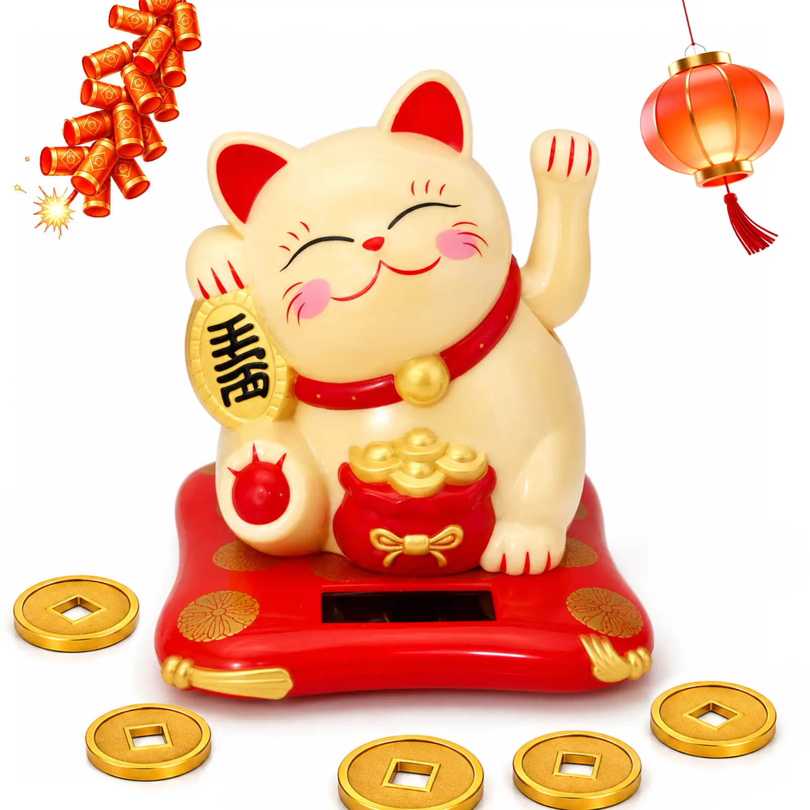 Lucky Cat Waving Arm Set, Vivid and Lovely Chinese Cat Gift, Solar Fortune Cat Statue Decorations for Decorating Front Desk, Car, Business Openings, 2.95IN