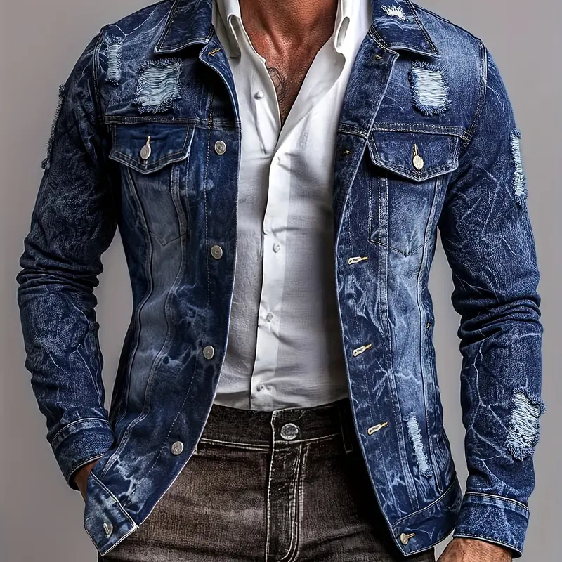 Men's Retro Slim Fitted Cotton Denim Jacket - Long Sleeve, Solid, Button-Up, Button Pockets, Distressed, Robust, Water-Wash Casual Tops, Business Outerwear, Blue, M