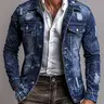 Men's Retro Slim Fitted Cotton Denim Jacket - Long Sleeve, Solid, Button-Up, Button Pockets, Distressed, Robust, Water-Wash Casual Tops, Business Outerwear, Blue, M