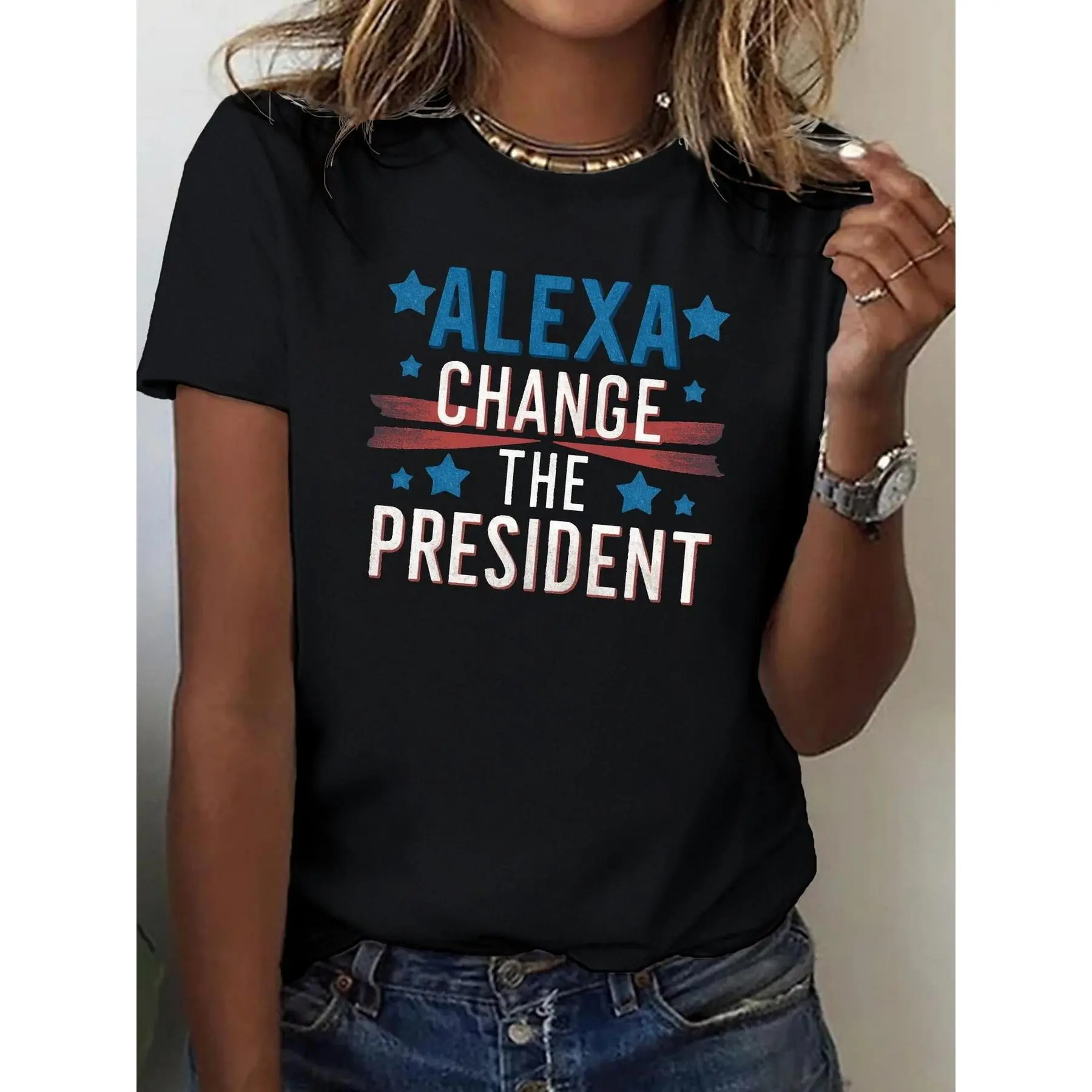 Women's Graphic T-Shirt featuring an "Alexa Change The President" Stars Print, Casual 100% Cotton Short-Sleeve Crew Neck with a Draped Fit, Shortsleeve, Digital Print, All Seasons, Basic