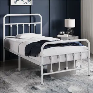 Yaheetech Classic Iron Platform Bed with High Headboard and Footboard, Strong Metal-Framed Bed with Storage / White
